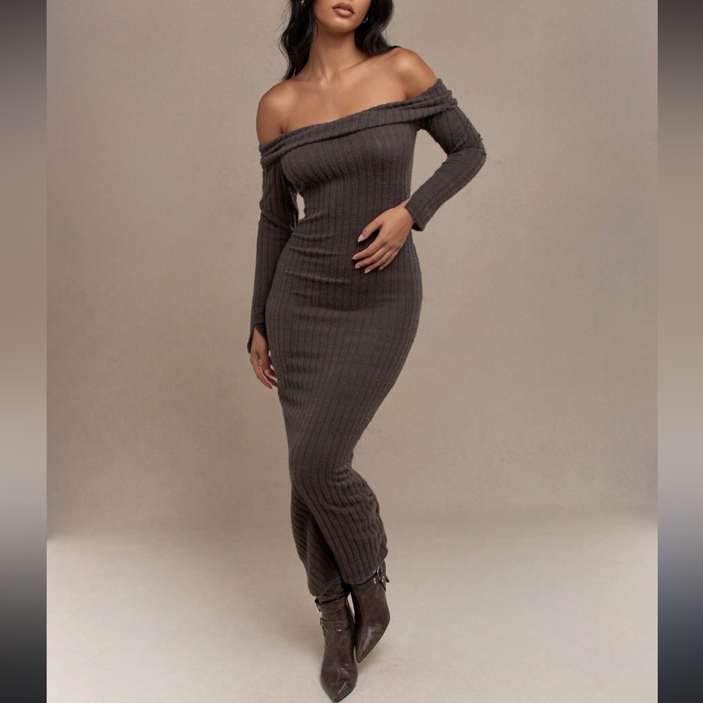 Off-Shoulder Ribbed Bodycon Midi Dress in Dark Brown